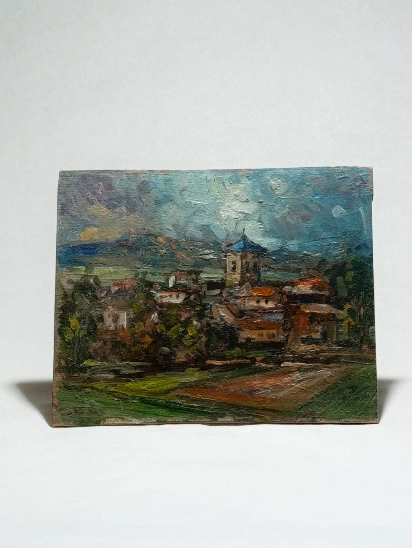 Óleo sobre Lienzo: Paisaje Rural con Campanario