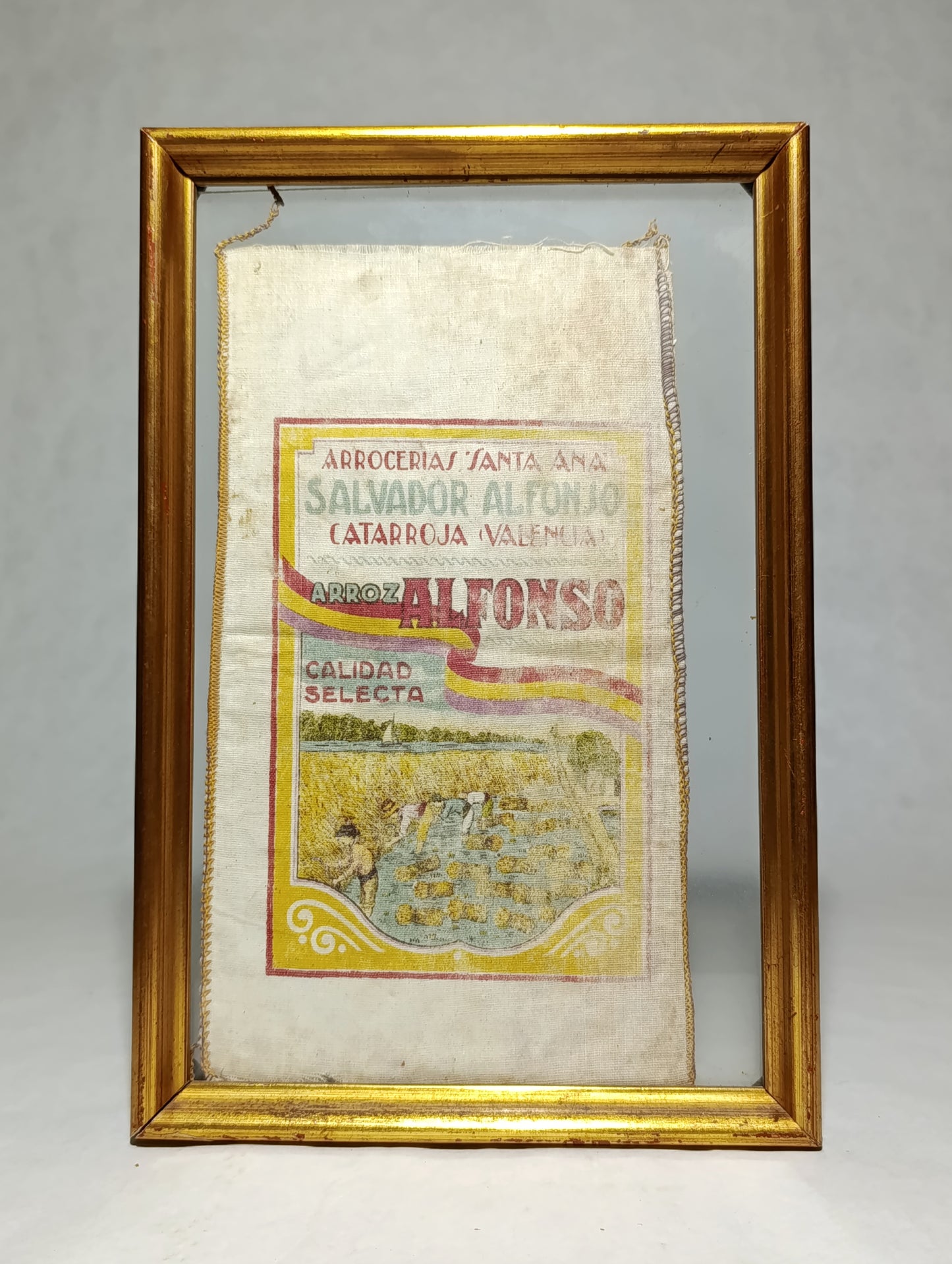Saco de arroz de la marca "Arroz Alfonso" producido por "Salvador Alfonjo" en Catarrroja, Valencia | Segunda República Española