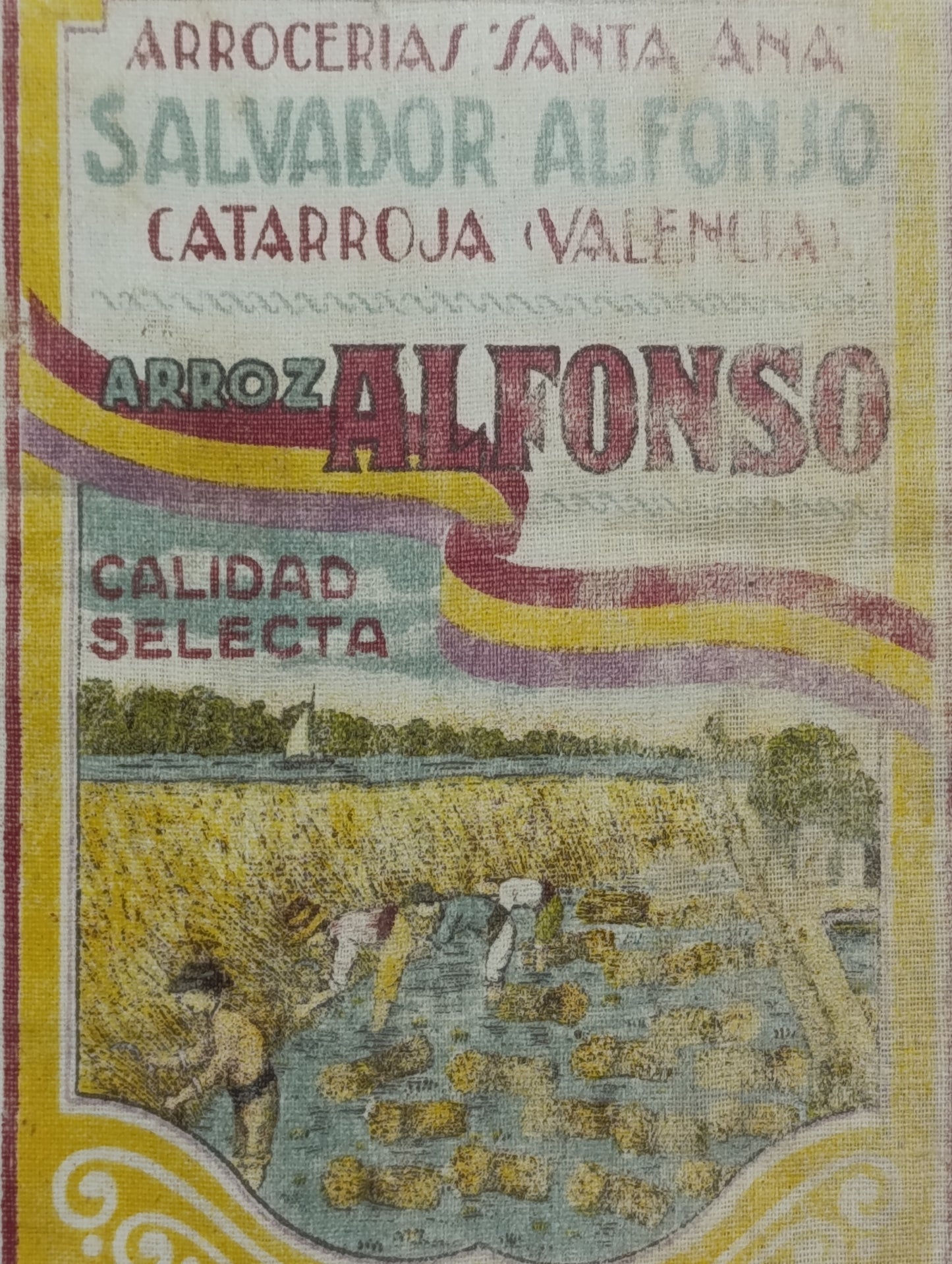 Saco de arroz de la marca "Arroz Alfonso" producido por "Salvador Alfonjo" en Catarrroja, Valencia | Segunda República Española