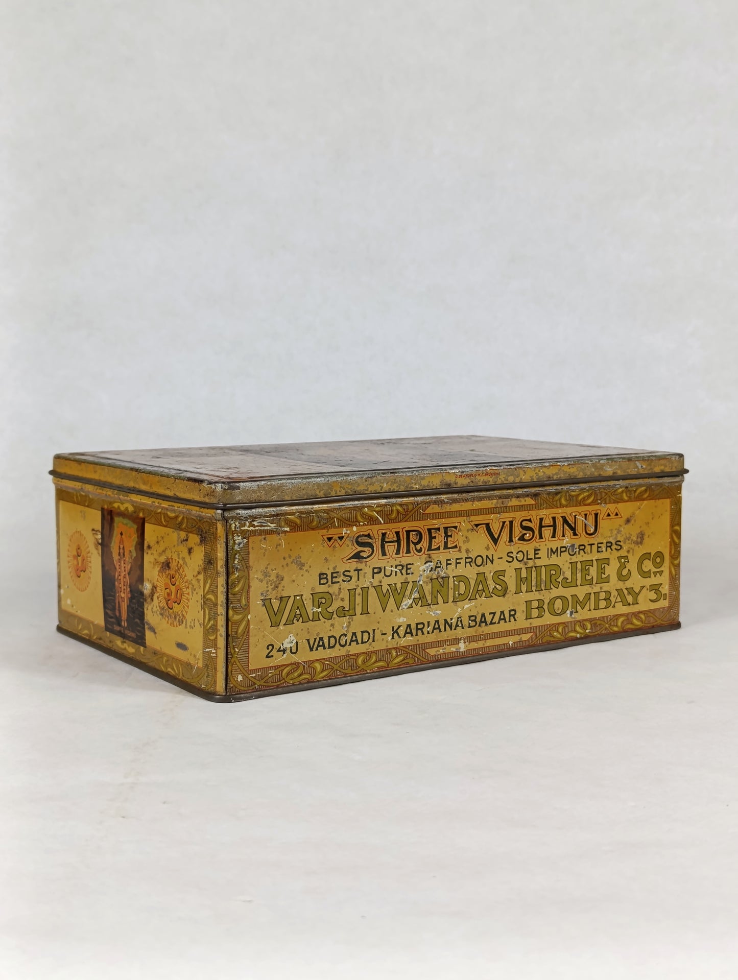 Caja de Lata de Azafrán "Varjiwandas Hirjee & Co." | Arte Religioso Hindú