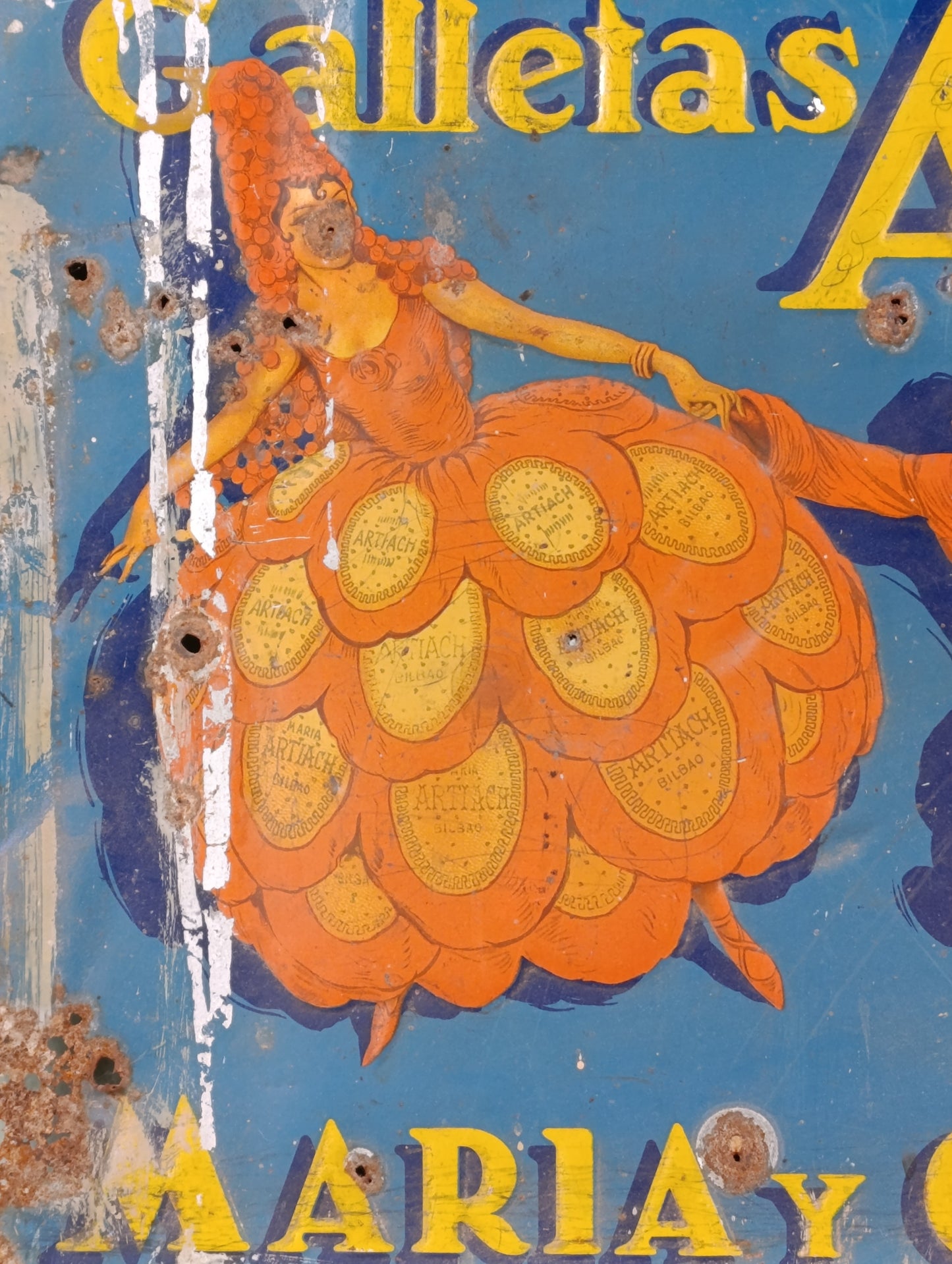 Antiguo cartel de publicidad de chapa Galletas Artiach María y Chiquilín