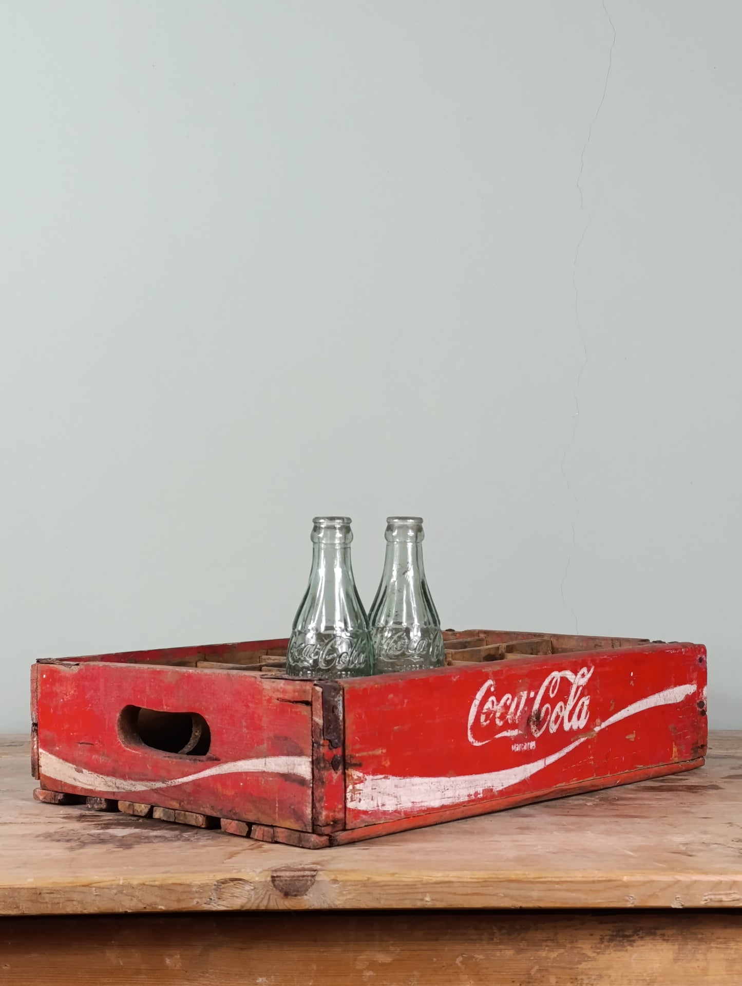 Caja de madera para transportar botellines de Coca-Cola | Años 60 (Incluye dos botellines originales)