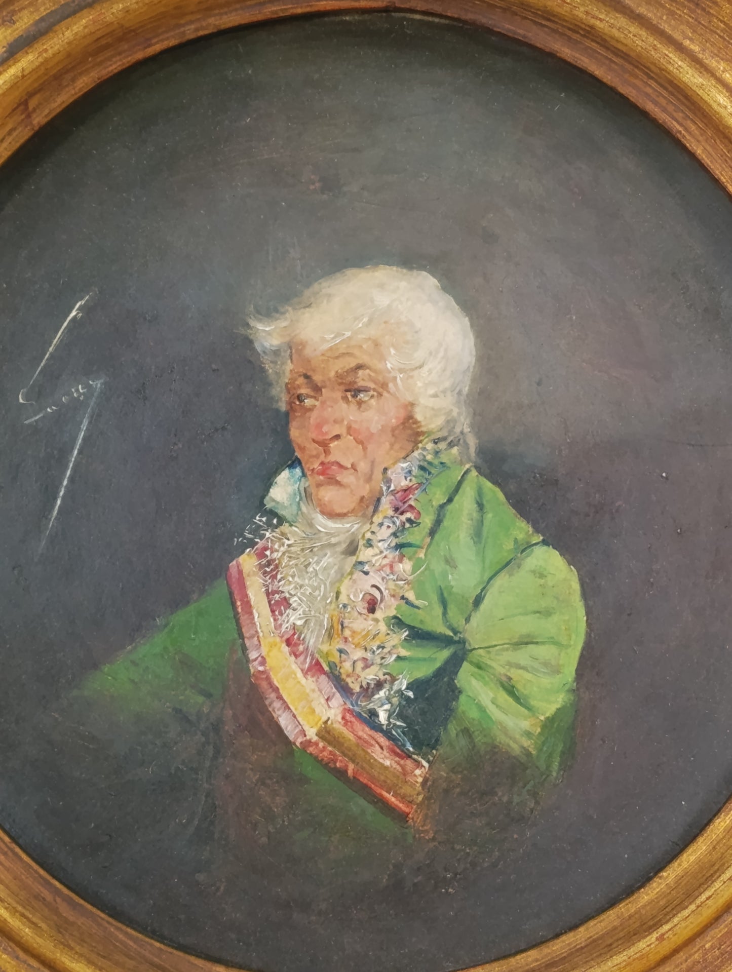 Retrato al óleo ( firmado) de noble español en plato de loza Valdemorillo, siglo XIX