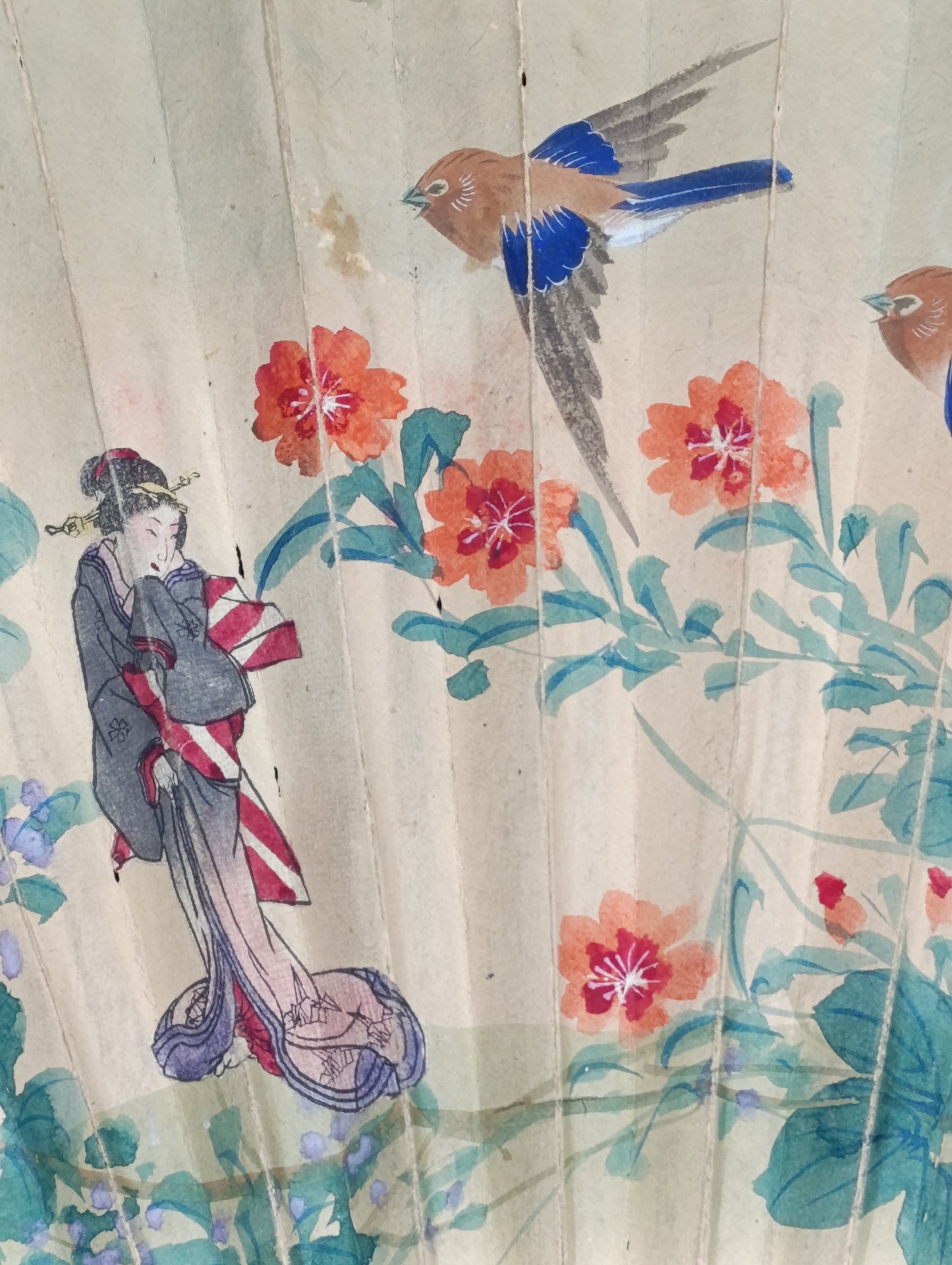 Antiguo Abanico Japonés Pintado a Mano