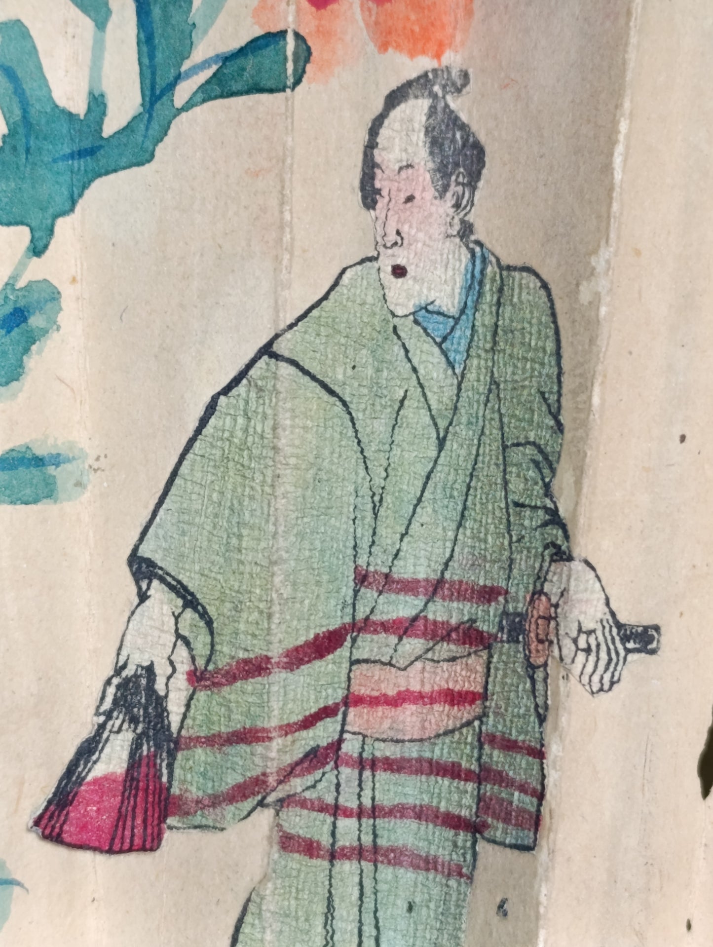 Antiguo Abanico Japonés Pintado a Mano