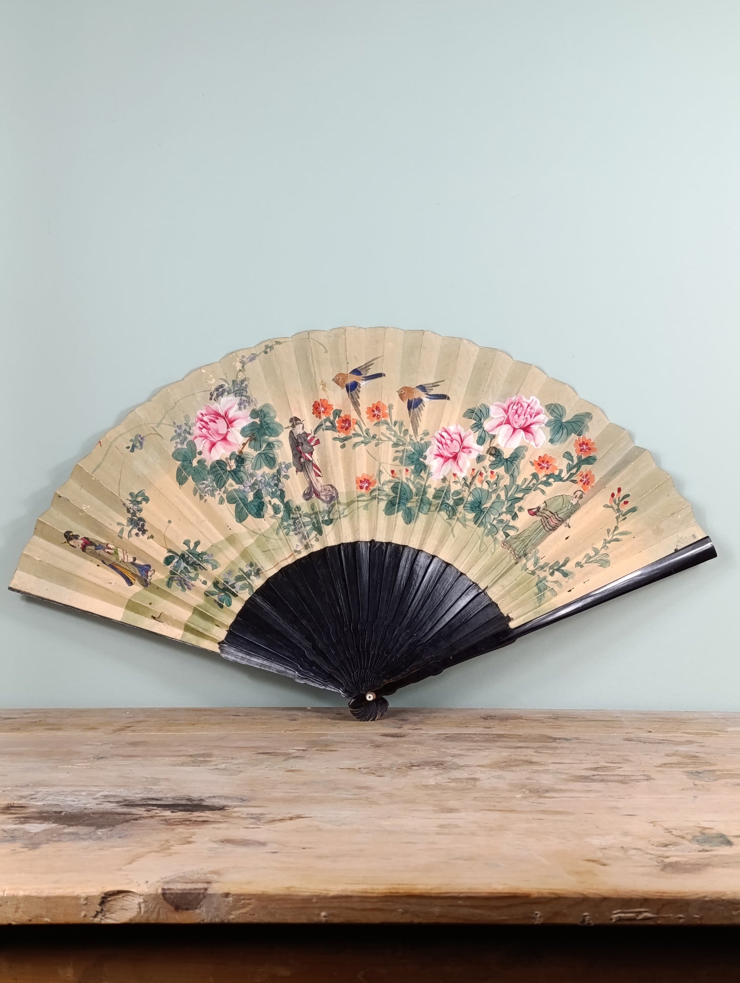 Antiguo Abanico Japonés Pintado a Mano