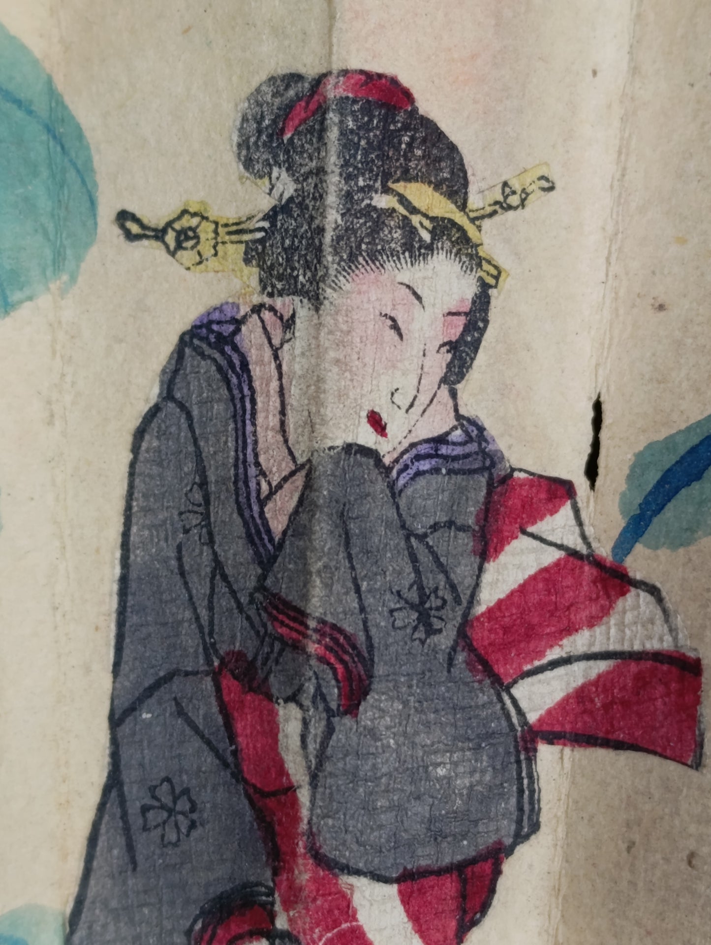 Antiguo Abanico Japonés Pintado a Mano