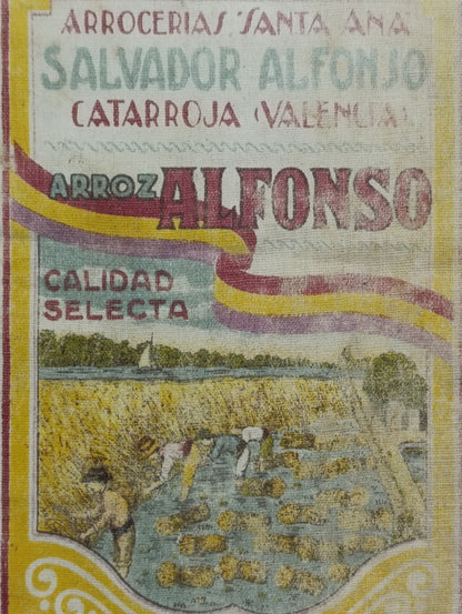 Saco de arroz de la marca "Arroz Alfonso" producido por "Salvador Alfonjo" en Catarrroja, Valencia | Segunda República Española